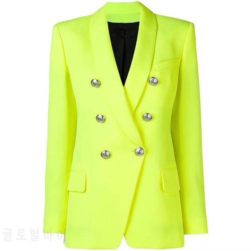 High Street Bright Yellow Blazers Shawl Collar Women Autumn Classical England Double Breasted Jackets Office Lady Mid Long Coats