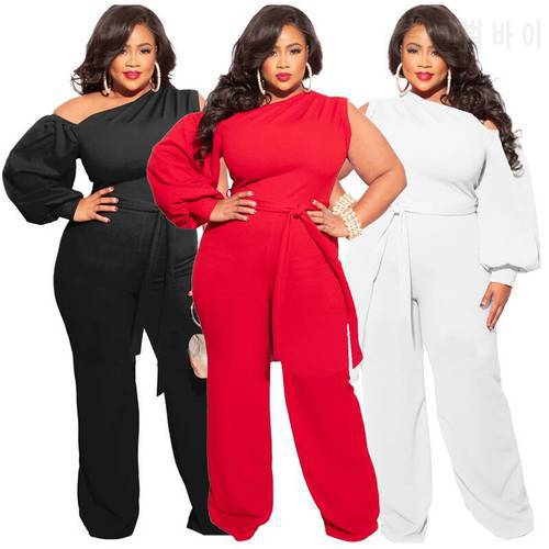 Charming Women Solid Slash Neck Jumpsuits Plus Size Lady Asymmetrical Lantern Sleeve Sashes Lace-up Loose Rompers 2021 Autumn