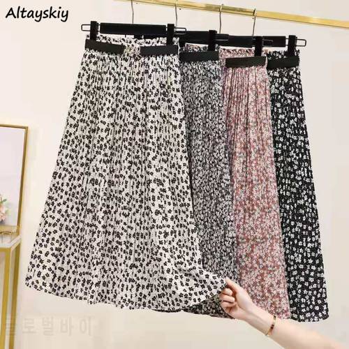 Floral Skirts Womens Pleated High Waist Elastic Various Color Korean Style All-match Summer Students Casual Cozy Daily Female