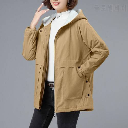 Women Solid Color Loose Large Size Hooded Plus Fleece Padded Jacket Female Harajuku Mid-length Winter Pocket Zipper Warm Jacket