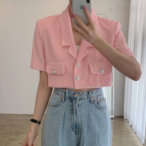 Women Jackets 2022 Summer Korean Chic Ladies Vintage Loose Suit Collar Short-Sleeved Two Buttons Pockets Design Thin Jacket