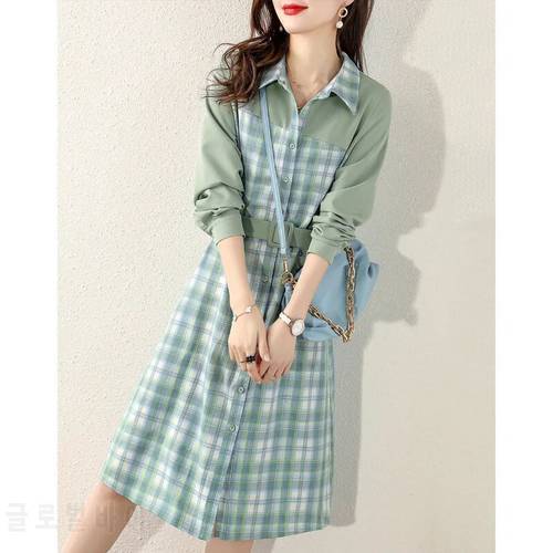 2021 Summer New Classic Plaid Stitched Women&39s Dress Fashion Casual Waist Korean Edition Lace Dress Girl