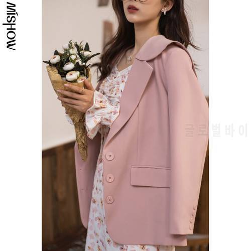 MISHOW 2021 Spring Blazers For Women Long Sleeve Office Lady Jackets Turn Down Collar Solid Casual Coats MX21A6924
