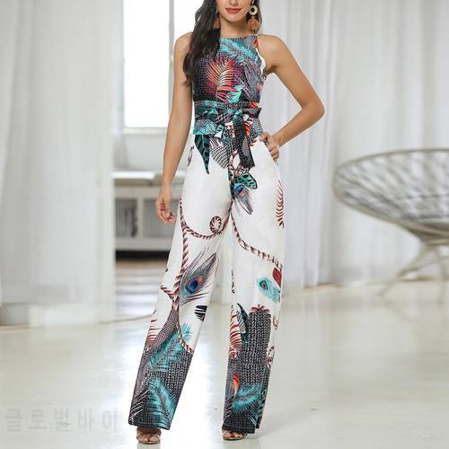 Women Spaghetti Strap Peacock Print Jumpsuit Summer Printed Long Overalls Wide Leg Pants Rompers