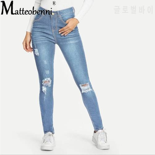 Women High Waist Ripped Denim Jeans Femme Skinny Pencil Pants Jean Hole Ripped Denim Jeans Casual Stretch Skinny Trousers Jeans