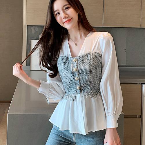 White Patchwork V-Neck Button Chiffon Blouse 2022 New Summer Tops long Sleeve Woman Clothes Shirt Women Blouses Womens Clothing