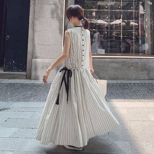 Women Summer Dress Long Sweet White Striped Round Neck BIG Size Drawstring Waist Fashion Korean Loose Sleeveless Dress Female