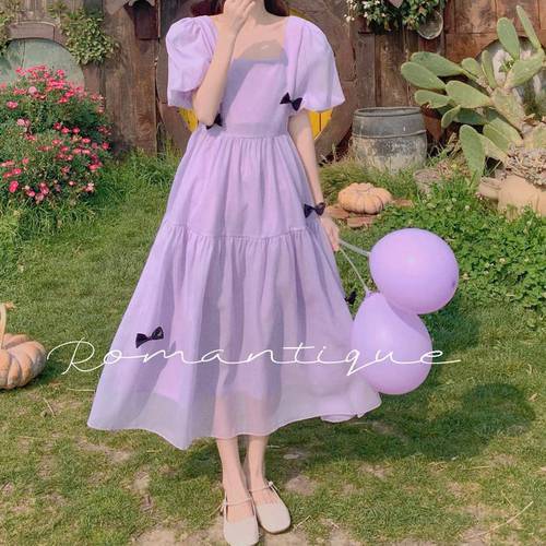 Sweet Square Neck Puff Sleeve 3D Bow Dresses For Women 2021 Korean Style Slim High Waist Midi Dress Summer A Line Women Dresses