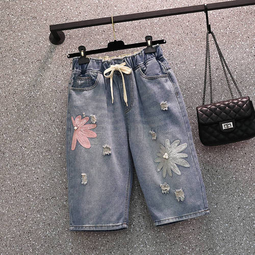 4XL Plus Size Embroidery Denim Summer Shorts Women Loose Midi Straight Shorts Vintage Casual Short Femme Hole Ripped Jeans C7477