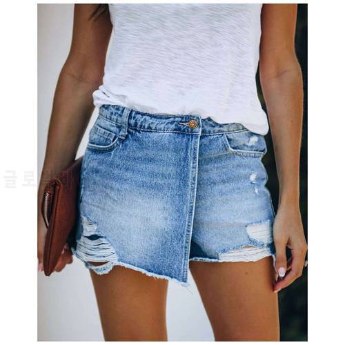 2021 Woman Summer Designer Fake Denim Mini Skirt Casual Light Blue Ripped Jeans Daily Fashion Hot Shorts Plus Size Streetwear