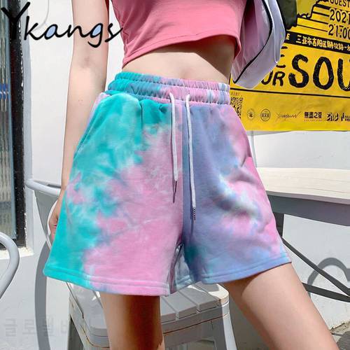 Tie Dye Casual Korean Style Clothes Wide Leg Loose Shorts Ladies High Waisted Goth Black Running Shorts with Pocket Summer Women