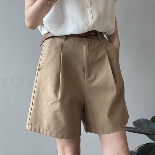 High Waist Summer Cotton Half Shorts For Women Belted Black Solid Pockets Loose Harem Cargo Short Pants Casual Bottoms P177