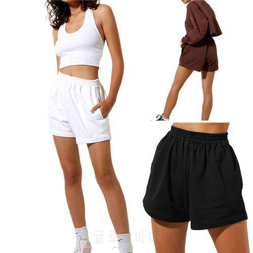 Women Loose Style Shorts, Solid Color Elastic High Waist Sweatpants with Pockets, Black/ White/ Beige/ Brown