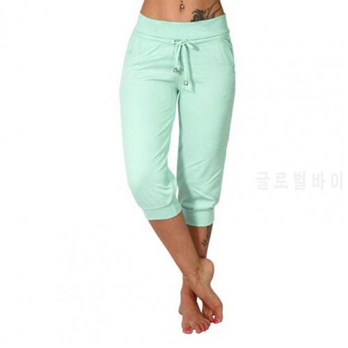 Capri Pants Solid Color Drawstring Women Loose High Waist Pockets Trousers for Dating