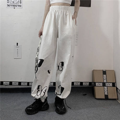 Y2k japanese Gothic butterfly Women Black Cargo Pants Harajuku Punk Chain Trousers Female Hip Hop Goth Streetwear wide leg pants