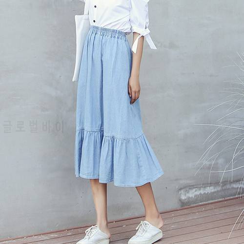 Women Light Blue Ruffles Elastic Waist College Style Denim Skirts Trendy Spring Elegant Sweet High Waist Female Mid-length Skirt