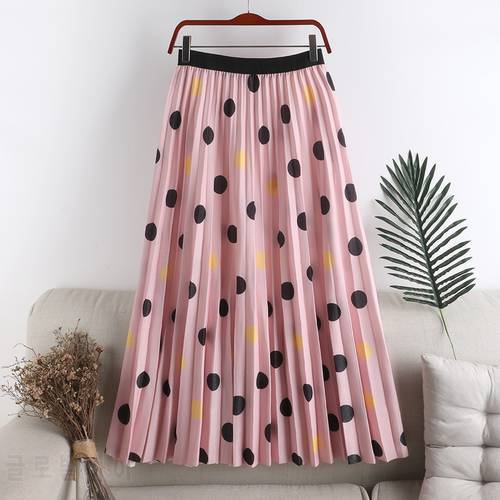 Women A-line Print Dot Pleated Mid Length Skirt High Waist and Thin Summer Style