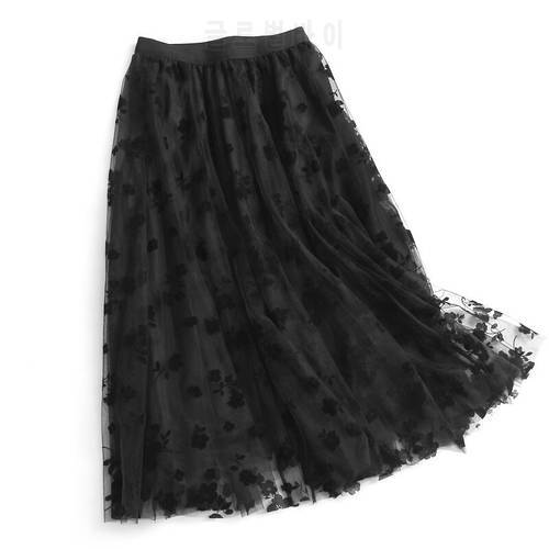 2023 Casual Summer Flower Mesh Pleated Skirts Women Casual Jupe High Waisted Elastic Chic Long Tulle Skirts for Ladies A-Line
