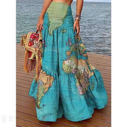 2021 Summer High Waist World Map Long Skirt Women 3D Printing Tie-dye Vacation Skirts high fashion plus size skirt