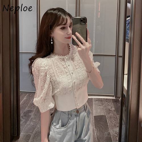 Neploe Hongkong Style Lace Hollow Out Blouses Summer 2023 New Fashion Slim Fit Puff Sleeve Single Breasted Women Shirts 82186