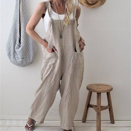 Solid Women Casual Loose Cotton Suspender Pant Jumpsuit Overalls