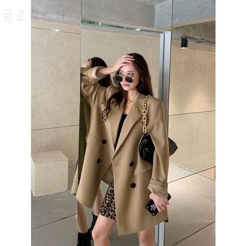 Womens Blazer Double Breasted Notched Collar Suit Jacket 2022 Loose Oversize Office Lady Coat Korean Solid Color Formal Blazers