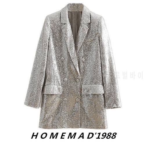 SuperAen Spring New Style Solid Sequin Embroidery Notched Double Breasted Full Jacket Women Blazers