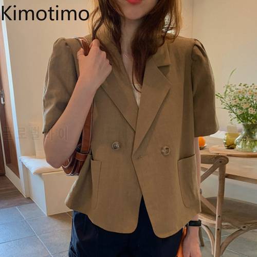 Kimotimo Korean Blazers Women Chic Summer Minority Vintage Turn-down Collar Double Breasted Loose Puff Sleeve Short Suits Coats