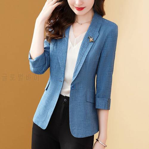 Spring Summer Women Blazers Jacket 2022 New Fashion Blue Short Three-quarter Sleeve Office Suit Female Casual Suit Tops Overcoat