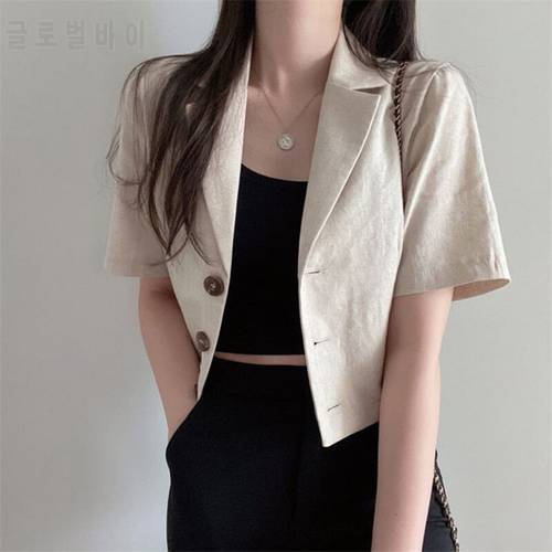 QOERLIN Korean Pure Color Short Sleeve Cotton Linen Suit Blazer Female 2021 Summer New Temperament Short Jacket Office Ladies