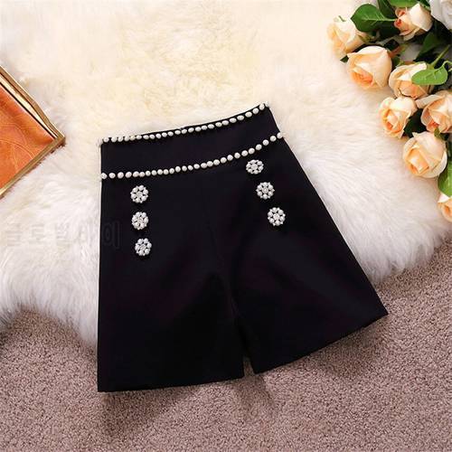 Gowyimmes 2021 New High Waist Shorts Women Wide Leg Shorts Big Size Vintage Girl Double Breasted Pearl Shorts Streetwear PD1012
