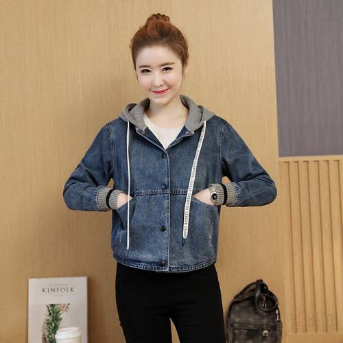 Short Denim Jacket Female New 2022 Spring Autumn Casual Coat Hooded Long-Sleeved Fake Two-Piece Knitted Stitching Denim Tops