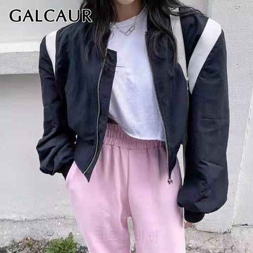 GALCAUR Korean Fashion Casual Patchwork Jackets For Women Stand Collar Long Sleeve Loose Female Autumn Clothing 2021 Style New