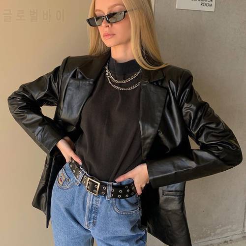 Women Gothic PU Leather Jacket Faux Leather Coat Open Front Long Sleeve Cardigan Office Lady Outwear Vintage 90s Streetwear