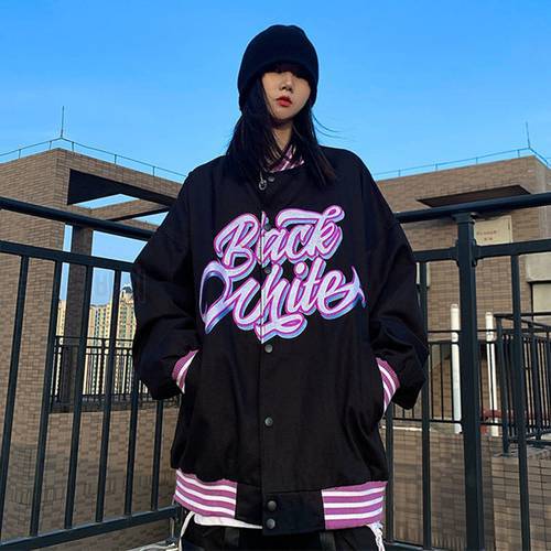 American hip hop baseball uniform women 2021 trend casual korean vintage bomb jacket letter printed punk hipster streetwear tops