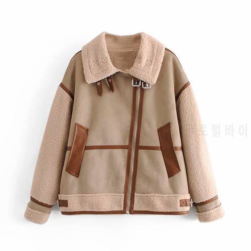 2021 New Fashion Suede Teddy Brown Woman Jacket Vintage Patchwork PU With Zipper Winter Coat Women Female Outwear Tops