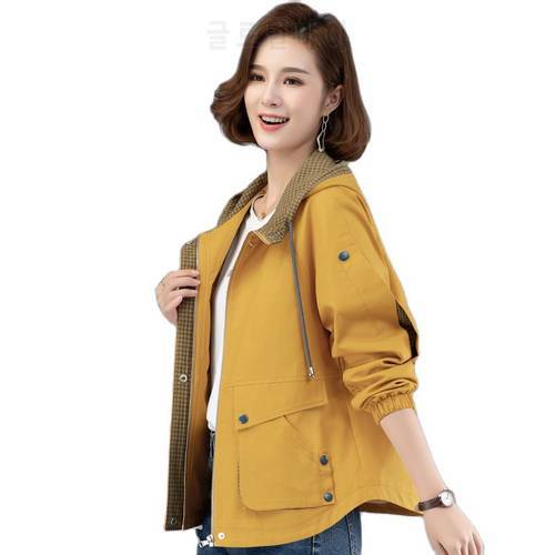 Women Spring Autumn Short Hooded Jacket 2021 Female New Korean Loose Coat Small Mother Casual Splicing All-match Cotton top A620