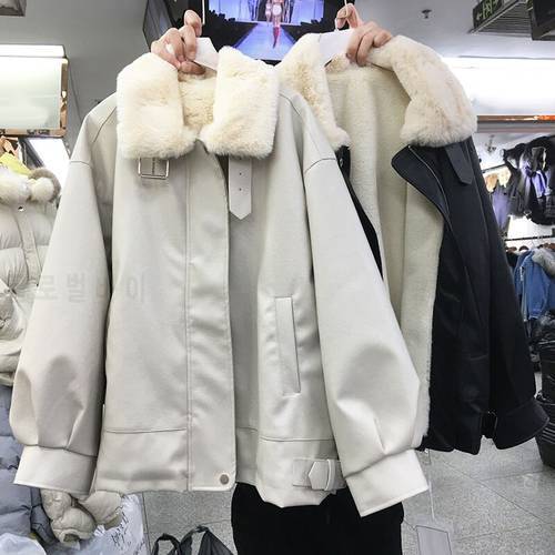 PU Leather Motorcycle clothes women&39s loose Korean zipper winter coat lamb cashmere cotton jacket short jacket cotton jacket