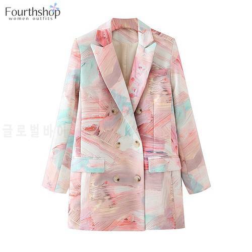 2021 Fashion Women Long Blazers and Jackets Graffiti Pattern Double Breasted Notched Office Business Work Coat Autumn Outwear