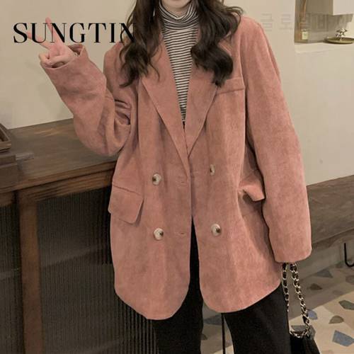 Sungtin Korean High Quality Corduroy Oversized Casual Blazer Women Double Breasted Office Lady Loose Coats Pocket Solid Outwear