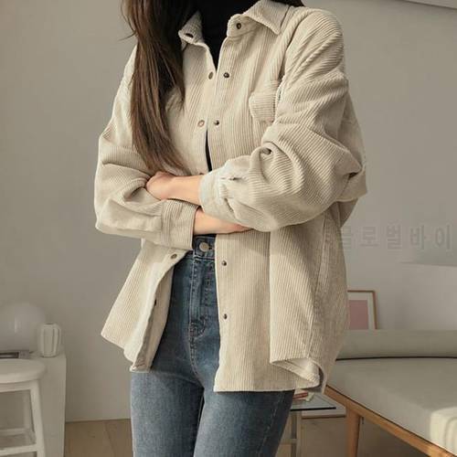 Lucyever 2021 Autumn Corduroy Shirt Coat for Women Casual Solid Loose Women&39s Jackets Single Breasted Double Pocket Coats Female