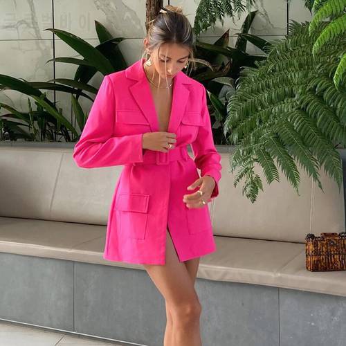 Women Pink Long Sleeve Pocket Jacket Single Suit 2021 Female Clothes Women Blazer DressTurn-down Collar Belt Coat Casual