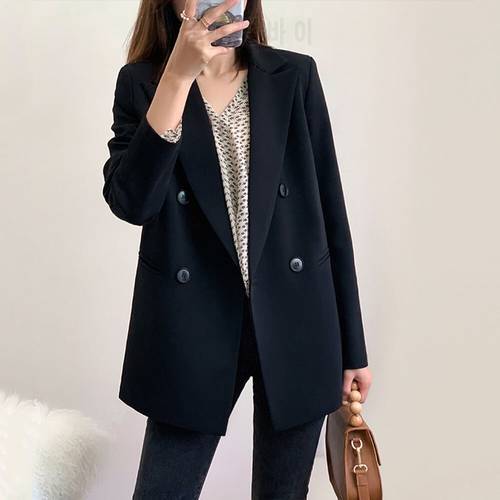 Fashion Elegant Women Black Blazer Long Sleeve Pocket Double Breasted Office Ladies Business Coat Female Autumn Retro Jacket