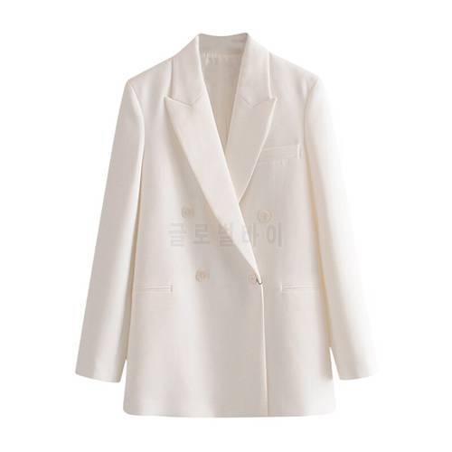 Notched Neck Long Sleeve Casual Coat Outerwear Pocket Office Wear Jacket Female Women Double Breasted White Blazer Coat