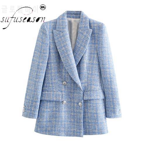 SuFuseason ZA2021 Blue Twill Tweed Jacket Vintage Lattice Women Suit Jackets Ladies Asymmetrical Double Breasted Coat