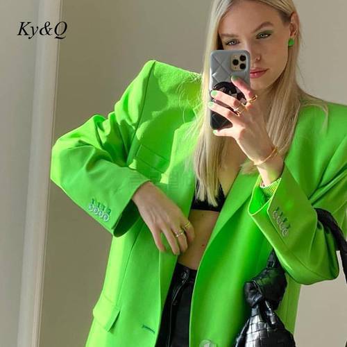 Women Casual Long Sleeve Shoulder Pad Work Suit Coat Oversize Green Blazer Jacket Office Lady Solid Color 2021 Spring Autumn