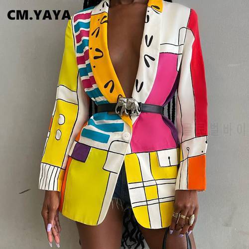 CM.YAYA Women Blazers Print Full Sleeve Notched Collar Single Button Straight Blazers Coats Office Lady Fashion Clothing Autumn