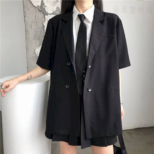 Women&39s Black Suit Summer Thin Section 2022 New Korean Version Loose Double-breasted Dark Short-sleeved Suit Jacket Female Trend