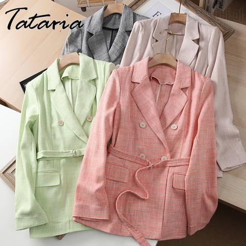 New Autumn Blazer Women Linen Suit 2023 Office Plaid Jacket Female Classic Double Breasted with Belt Long Sleeve Cotton Coat