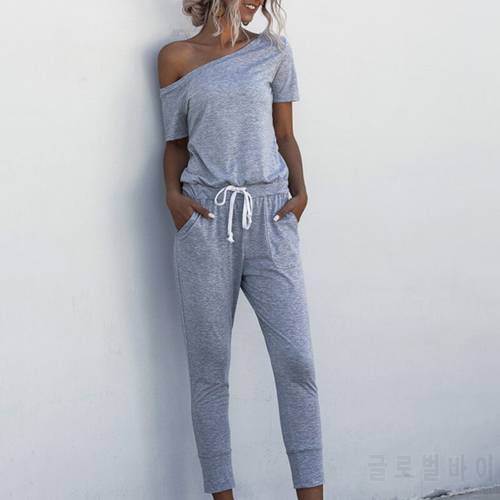 New Women Casual One-Shoulder Jumpsuit Fashion Ladies Summer Soft Loose Pocket Short Sleeve Playsuit Party Trousers Jumpsuit
